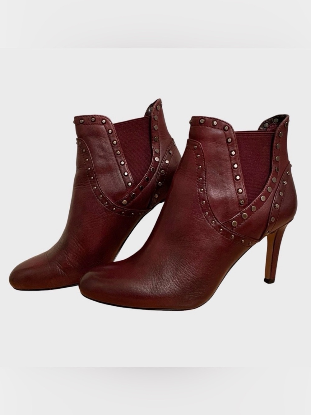 Vince Camuto Consheta Claret Red Leather Studded High Heel Ankle Booties, 6M/36